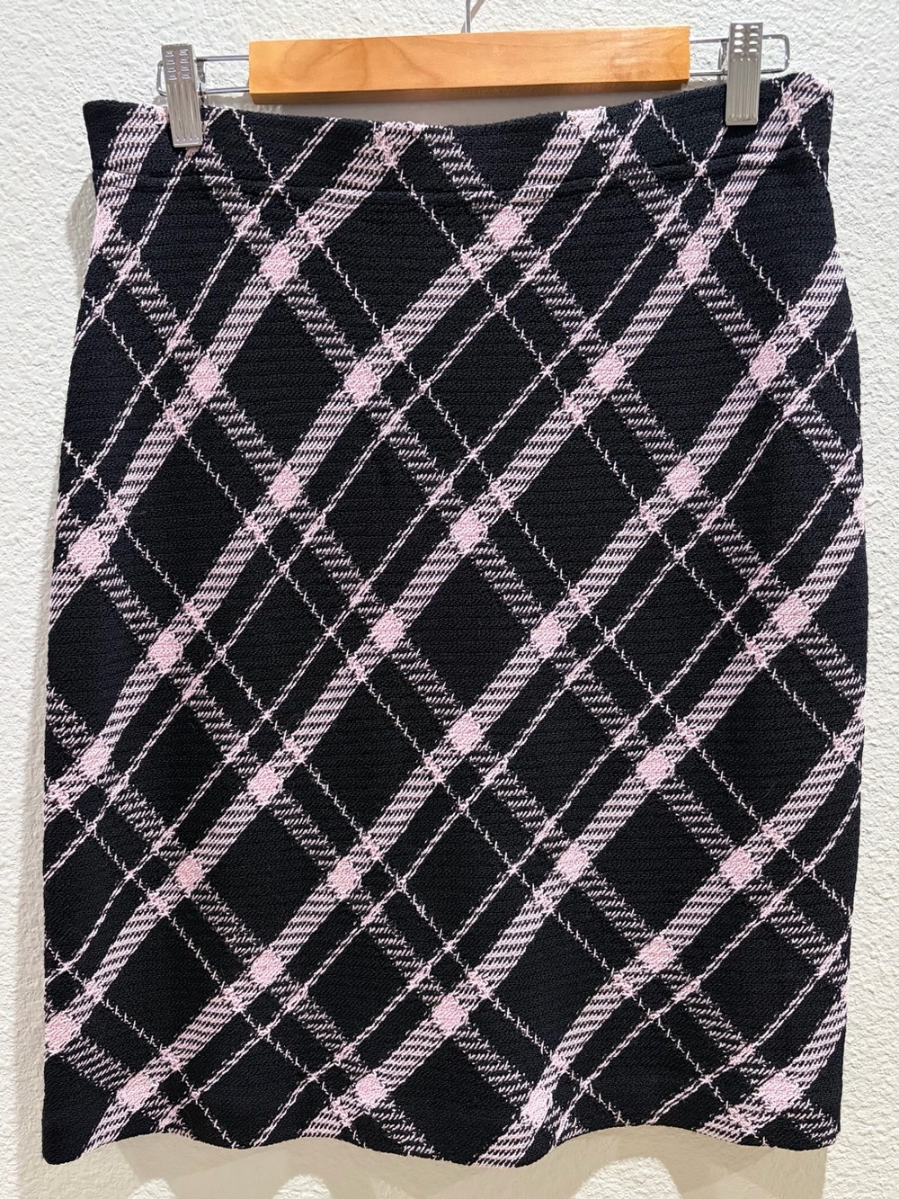St. John Collection Black and Light Pink Plaid Knit Mini Skirt
